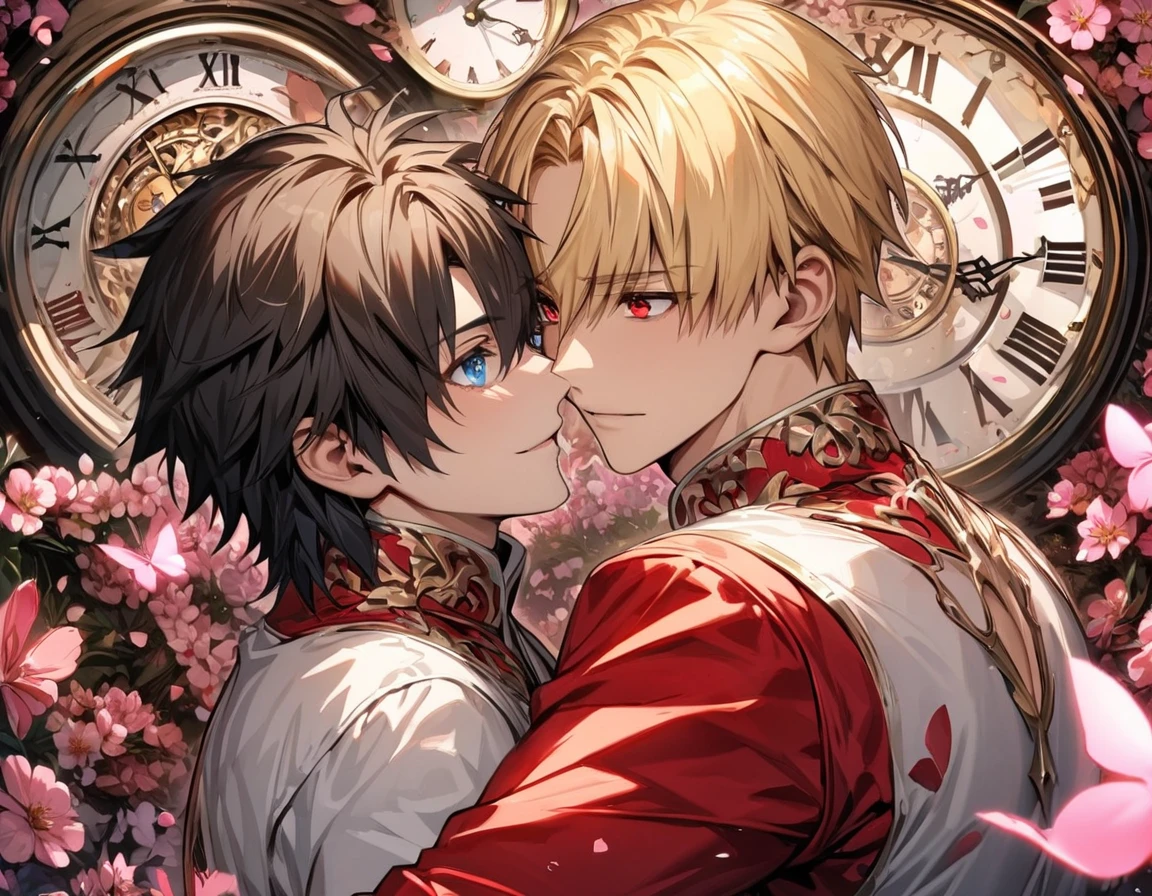 (absurdres, highres, ultra detailed, HDR), master piece, best quality, perfect face, delicate features, beautiful eyes, expressive red eyes, Gilgamesh, blond short hair, Fate Grand Order, Fujimaru Ritsuka, black hair, expressive blue eyes, white clothes, red clothes, patterns, two men together, sexy gay couple, handsome, pink flowers, pink petals, pink butterflies, in wonderland, blossoms, clock