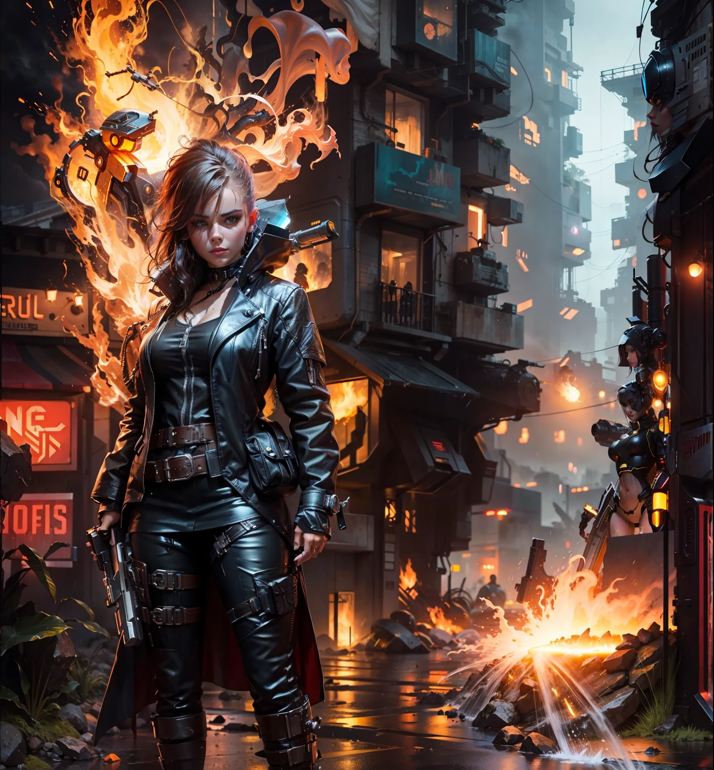 A beautiful cyber woman holding her weapon in front of some sci fi buildings with fire in a wet and foggy night