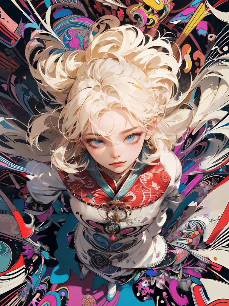 absurdres, highres, ultra detailed, 1girl, solo, extremely detailed eyes, Ultra-precise depiction, Ultra-detailed depiction, (zentangle:1.2), (dynamic pose), (abstract background:1.5), (treditional dress:1.2), short platinum blonde, (shiny skin), many colors, upper body, (from above)