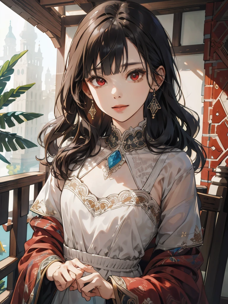 (absurdres, highres, ultra detailed), 1girl, mature female, wavy hair, long hair, blunt bangs, red eyes, dress, long sleeves, finely detailed eyes and detailed face, intricate details, BREAK mosaic art, small pieces, colorful tesserae, intricate patterns, tiled designs, durable surfaces, time-honored techniques BREAK macro photography, intricate details, magnified textures, stunning clarity, hidden beauty, immersive perspective BREAK , artisanal creations, handmade goods, unique designs, intricate details, creative expression, skilled craftsmanship, PerfectNwsjMajic