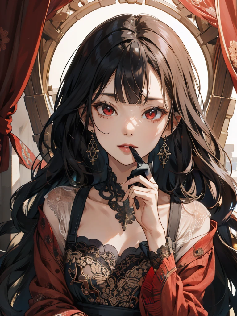 (absurdres, highres, ultra detailed), 1girl, mature female, wavy hair, long hair, blunt bangs, red eyes, dress, long sleeves, finely detailed eyes and detailed face, intricate details, BREAK mosaic art, small pieces, colorful tesserae, intricate patterns, tiled designs, durable surfaces, time-honored techniques BREAK macro photography, intricate details, magnified textures, stunning clarity, hidden beauty, immersive perspective BREAK , artisanal creations, handmade goods, unique designs, intricate details, creative expression, skilled craftsmanship, PerfectNwsjMajic