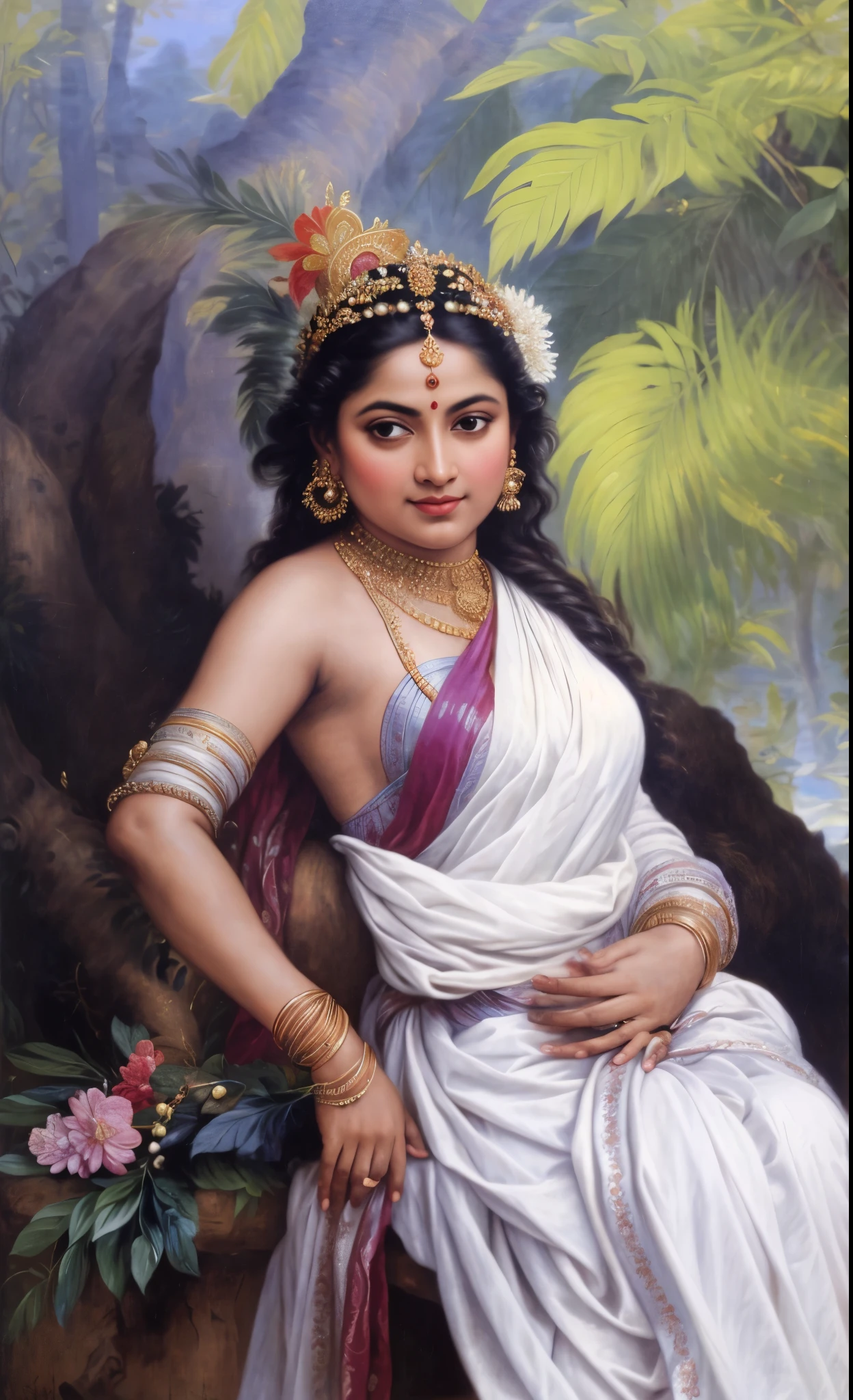 Beautiful Indian Woman, wearing saree, sari Beauty, gorgeous, Apsara, Maharani, royal queen woman, nymph from Hindu Mythology, Urvashi, matchless beauty, Highly detailed, Oil Painting by Peter Paul Rubens inspired by Raja Ravi Varma, Matchless beauty, captivating, gorgeous, heavenly beauty, celestial beauty, by Peter Paul Rubens, 13, realistic, hyper realistic, micro details, incredible artwork, insane details, ultra High resolution, 8k, 32k, acrylic on canvas, intricate, flawless, detailed, detailed face, detailed eyes, masterpiece, by Peter Paul Rubens, by Caravaggio, by William Adolphe bouguereau, perfect face, perfect body, beautiful art, realism, baroque, renaissance Art, highly textured, beautiful and detailed eyes, uhd, best quality,
