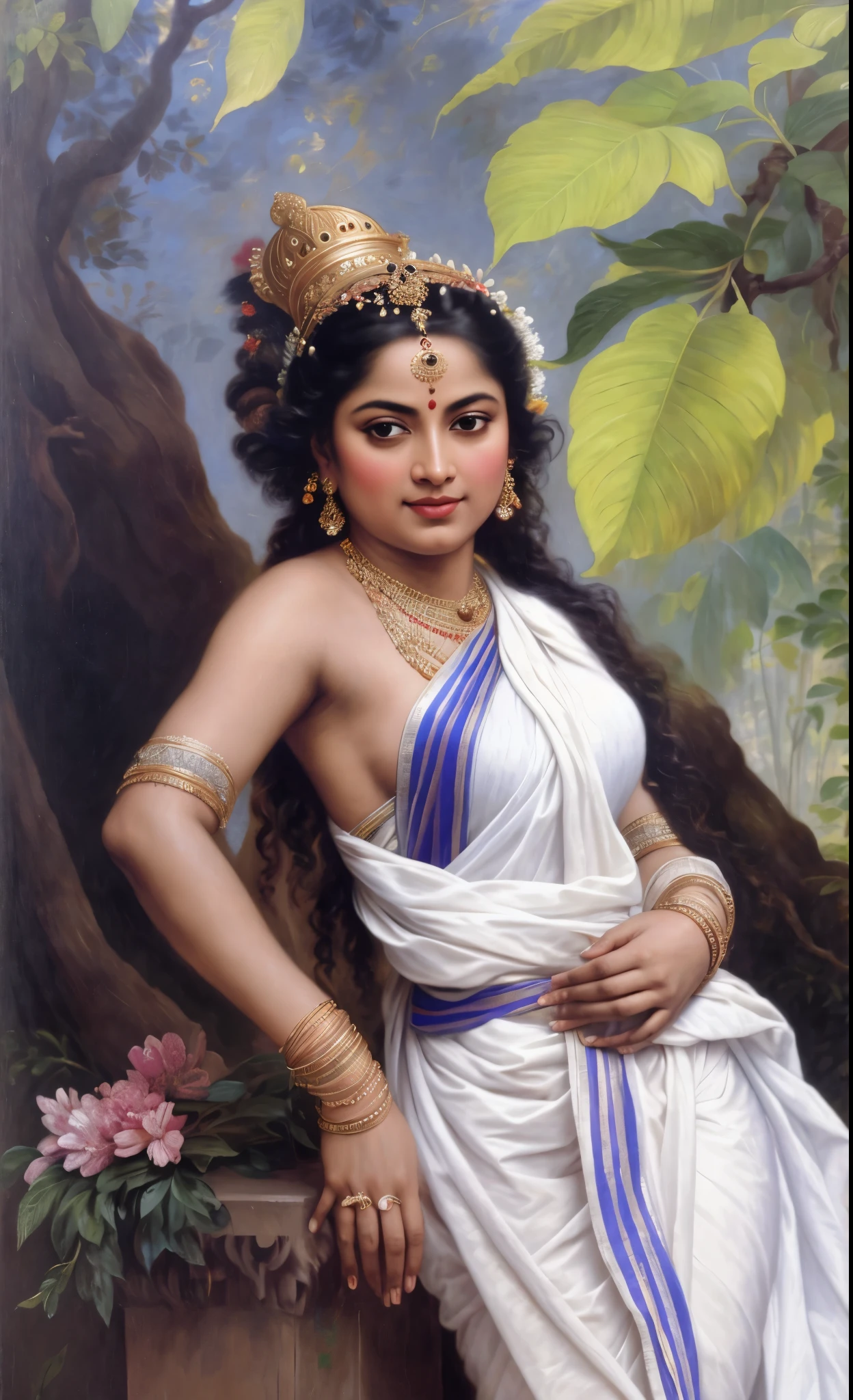 Beautiful Indian Woman, wearing saree, sari Beauty, gorgeous, Apsara, Maharani, royal queen woman, nymph from Hindu Mythology, Urvashi, matchless beauty, Highly detailed, Oil Painting by Peter Paul Rubens inspired by Raja Ravi Varma, Matchless beauty, captivating, gorgeous, heavenly beauty, celestial beauty, by Peter Paul Rubens, 13, realistic, hyper realistic, micro details, incredible artwork, insane details, ultra High resolution, 8k, 32k, acrylic on canvas, intricate, flawless, detailed, detailed face, detailed eyes, masterpiece, by Peter Paul Rubens, by Caravaggio, by William Adolphe bouguereau, perfect face, perfect body, beautiful art, realism, baroque, renaissance Art, highly textured, beautiful and detailed eyes, uhd, best quality,
