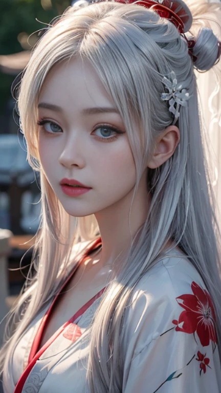 ((masterpiece)), ((highest quality:1.1)), 8k, ((super high resolution:1.2)), ((photorealistic:1.3)), RAW Photos, ((Japanese girl:1.1)), silvery white hair, red extensions, hair blowing in the wind, ((glowing skin:1.2)), Oiran Makeup, black kimono, white and red pattern.

This Japanese girl masterpiece showcases the highest quality in its 8k resolution. With a lifelike, photorealistic representation, every detail shines through in its RAW form. The girl is depicted as having long, silvery white hair that flows in the