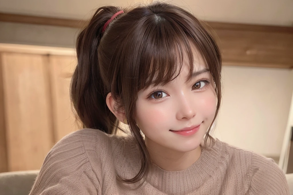 brown hair, hair over shoulder, ponytail, grin, blush, Surrealism, Hyperrealism, Verism, wide shot, UHD, masterpiece, ccurate, anatomically correct, textured skin, super detail, high details, high quality, highres, 1080P, HD, 8k