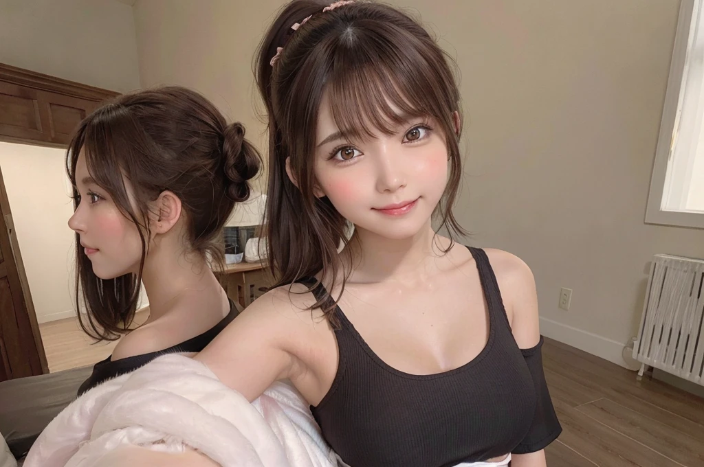 brown hair, hair over shoulder, ponytail, grin, blush, Surrealism, Hyperrealism, Verism, wide shot, UHD, masterpiece, ccurate, anatomically correct, textured skin, super detail, high details, high quality, highres, 1080P, HD, 8k
