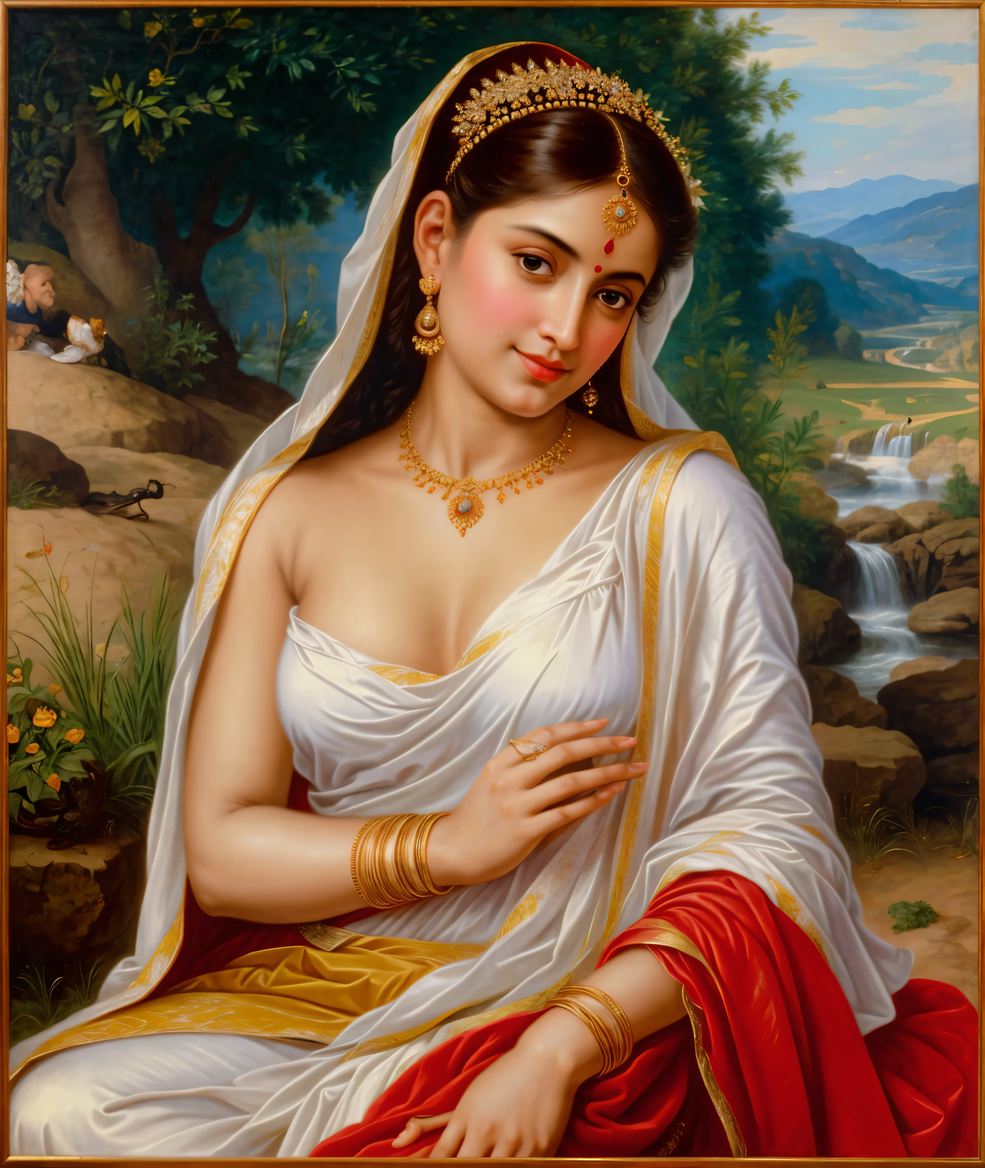 Beautiful Indian Woman, wearing saree, sari Beauty, gorgeous, Apsara, Maharani, royal queen woman, nymph from Hindu Mythology, Urvashi, matchless beauty, Highly detailed, Oil Painting by Peter Paul Rubens inspired by Raja Ravi Varma, Matchless beauty, captivating, gorgeous, heavenly beauty, celestial beauty, by Peter Paul Rubens, 13, realistic, hyper realistic, micro details, incredible artwork, insane details, ultra High resolution, 8k, 32k, acrylic on canvas, intricate, flawless, detailed, detailed face, detailed eyes, masterpiece, by Peter Paul Rubens, by Caravaggio, by William Adolphe bouguereau, perfect face, perfect body, beautiful art, realism, baroque, renaissance Art, highly textured, beautiful and detailed eyes, uhd, best quality,
