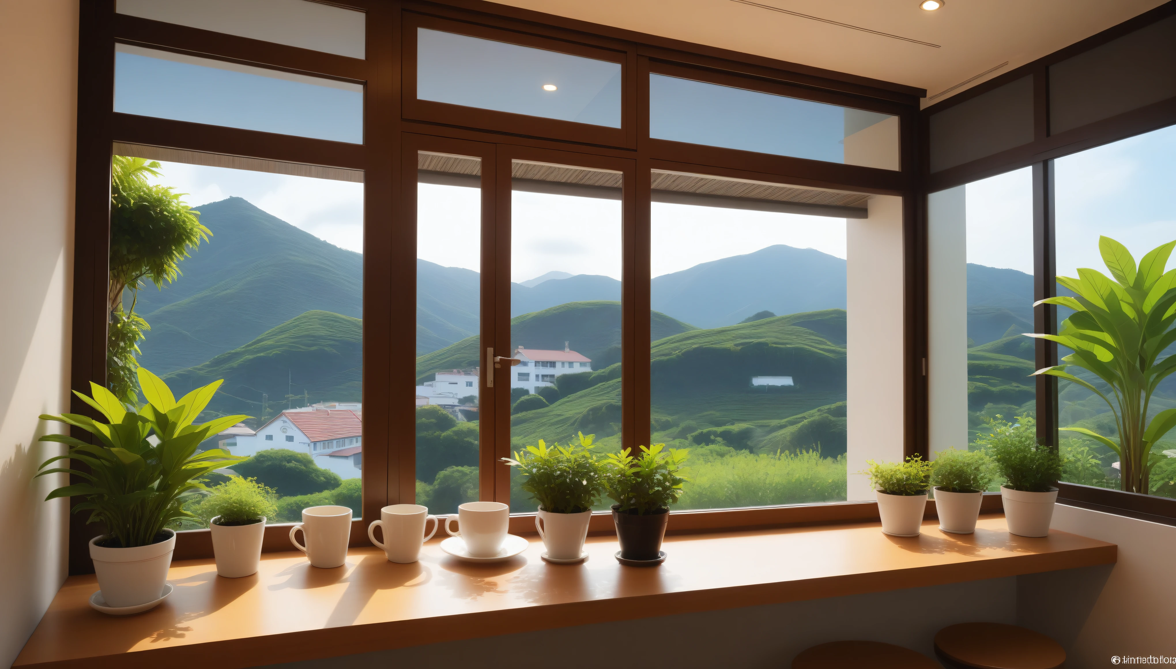 (8k、Fotografia crua、Maximum quality、obra-prima:1.2)、(realista、Photorealistic:1.37)、ultra-detalhado、sem camisa、 1 beleza、18 anos、only、beautiful detailed sky、detailed coffee、a noite、sentada、Data、(rubor do nariz)、(qing々sorriso:1.1)、(Boca fechada)、Soft udder、sorriso sedutor、(tea shop(Parede de tijolos、Janelas de caixa、(Clear sky outside the window、The plants outside the window are bright)))、Durante o dia com tempo claro、professional lighting