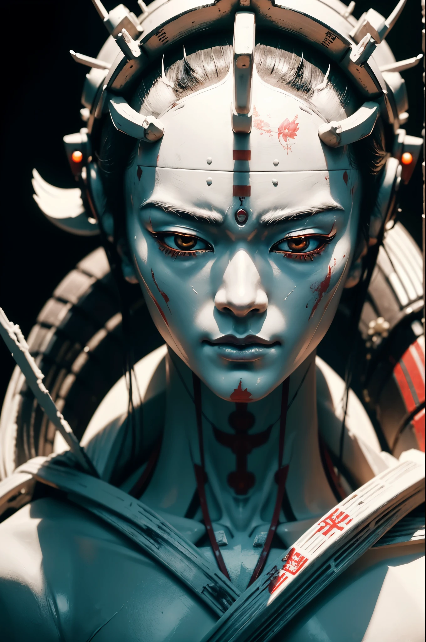 Close-up shot of Japanese 20 years young samurai with emaciated body covered in white paint, (In the lotus position)zen meditation cyberpunk, demonic body, meditating cyborg, highly detailed in 8K โค๏ธโ๐ฅ ๐ฅ ๐ ๐ค ๐, Cyborg/Buddhist deity, 8k Highly detailed, full body depiction โค๐ฅ ๐ฅ ๐ ๐ค ๐