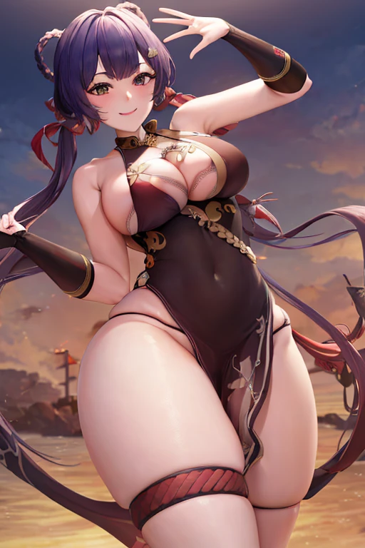 masterpiece, best quality, beautiful art, high resolution, well formed hands, body and fingers, 1 woman, solo, Xiangling , adult, big breasted, cleavage, wearing a Bremerton kung Fu cruiser outfit, full body, sexy and skimpy chinese dress, gorgeous legs and thighs , dancing seductively and erotically, turning backwards and forwards, showing her back and front, showing her butt, t -back, bikini thong, smiling joyfully, looking at the viewer, flirting, beach environment