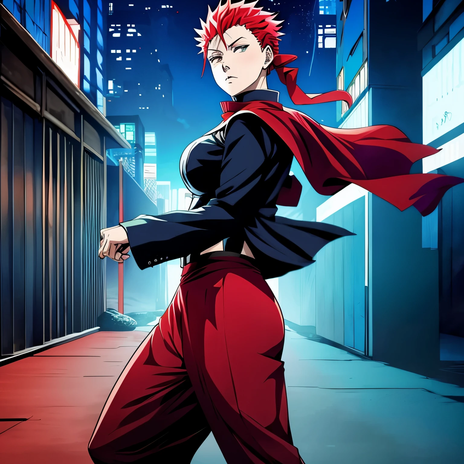 Garota, sozinha, cabelo vermelho, pele parda, olhos castsnhos, estilo anime jujutsu kaisen
