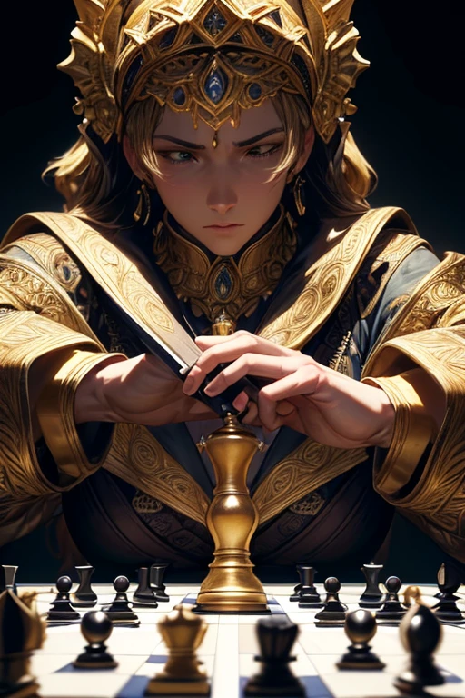 two large chess pieces playing chess on a chess board, detailed chess pieces, realistic human features, high-res, vivid colors, sharp focus, studio lighting, bokeh, chess-themed, classic art style, dramatic lighting, contrasting colors, meticulous craftsmanship, intricate details, intense competition, strategic moves, suspenseful atmosphere, precise positioning, masterful tactics