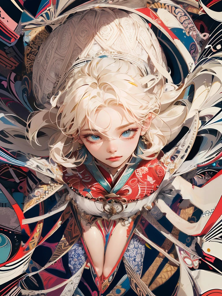 absurdres, highres, ultra detailed, 1girl, solo, extremely detailed eyes, Ultra-precise depiction, Ultra-detailed depiction, (zentangle:1.2), (dynamic pose), (abstract background:1.5), (treditional dress:1.2), short platinum blonde, (shiny skin), many colors, upper body, (from above)