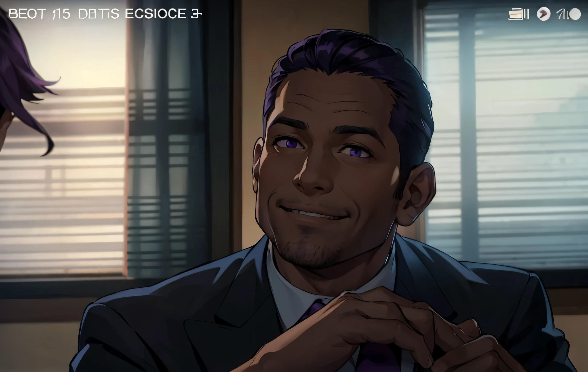 There is a 40-year-old man with purple eyes, purple hair, who speaks and smiles evilly.