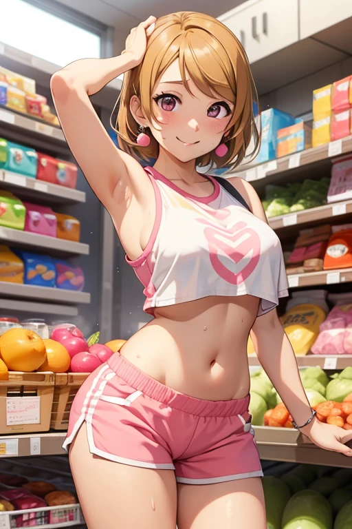 koizumi_hanayo,pink Crop top, white tight shorts,sweaty,red face,blunt hair,curvy body, standing in supermarket , exposed armpits, smile, exposed side breasts, earrings