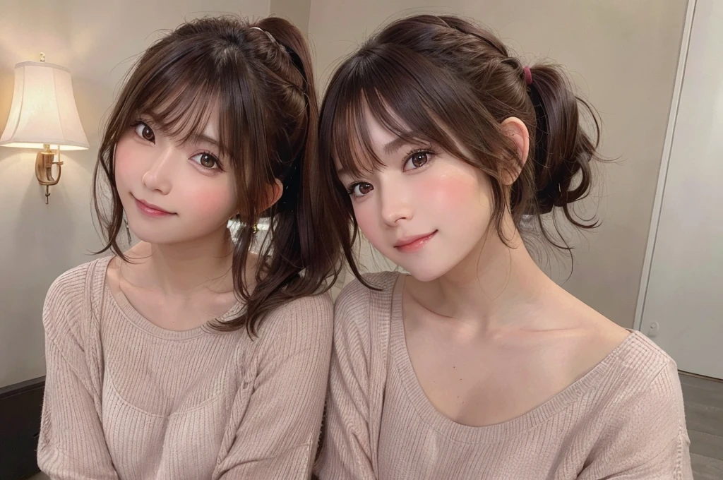 brown hair, hair over shoulder, ponytail, grin, blush, Surrealism, Hyperrealism, Verism, wide shot, UHD, masterpiece, ccurate, anatomically correct, textured skin, super detail, high details, high quality, highres, 1080P, HD, 8k