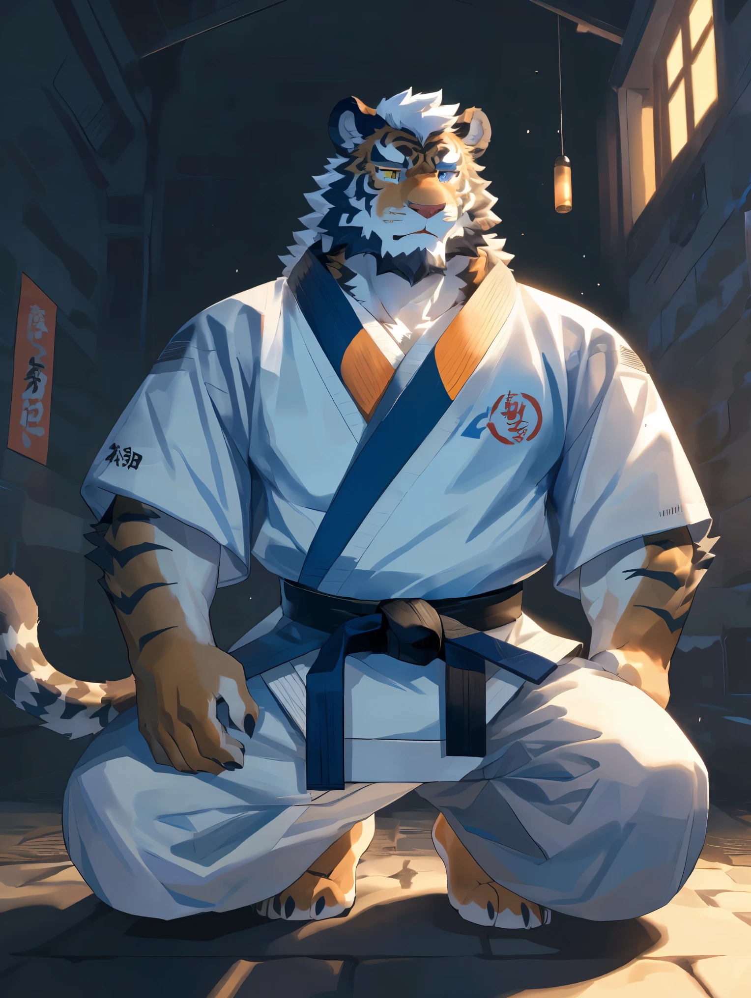 (White skintiger),(上Half Body赤膊:1.7),(Martial Arts衣服:1.4),(Holding a long sword),(Awesome posture),Half kneeling,(The background is a dark, damp and eerie dungeon.:1.5),(Abdominal muscles),Heroic飒爽,完美的masterpiece,Various facial details,Close-up view,specific description,masterpiece,(cg),(Golden Eyes),Black and white pattern,Black and white tail,Military commander,Heroic,tiger,Black and white fur，Concrete facial details,Half Body,(Chang Ling),((middle aged)),(Face Focus),(16k),(HD),black and white belly，temple，beard,(Face lines),(Heterochromia,),(Black and white hair),(Strong:1.2),(muscle:1.3),(high resolution:1.3),(Close up),(Detailed face:1.5)，Perfect details,(Half Body),(Detailed depiction of the face:1.5),(Zoom in on the face:1.5),(白色Face lines:1.2),(黑色beard:1.3),(White face:1.6),(White body),(White skin,black strips:1.3),(White cheeks:1.5),(The skin color of the face is white:1.3),cg,(The smell of quacks:1.3),(Martial Arts:1.5),(Knight:1.5),