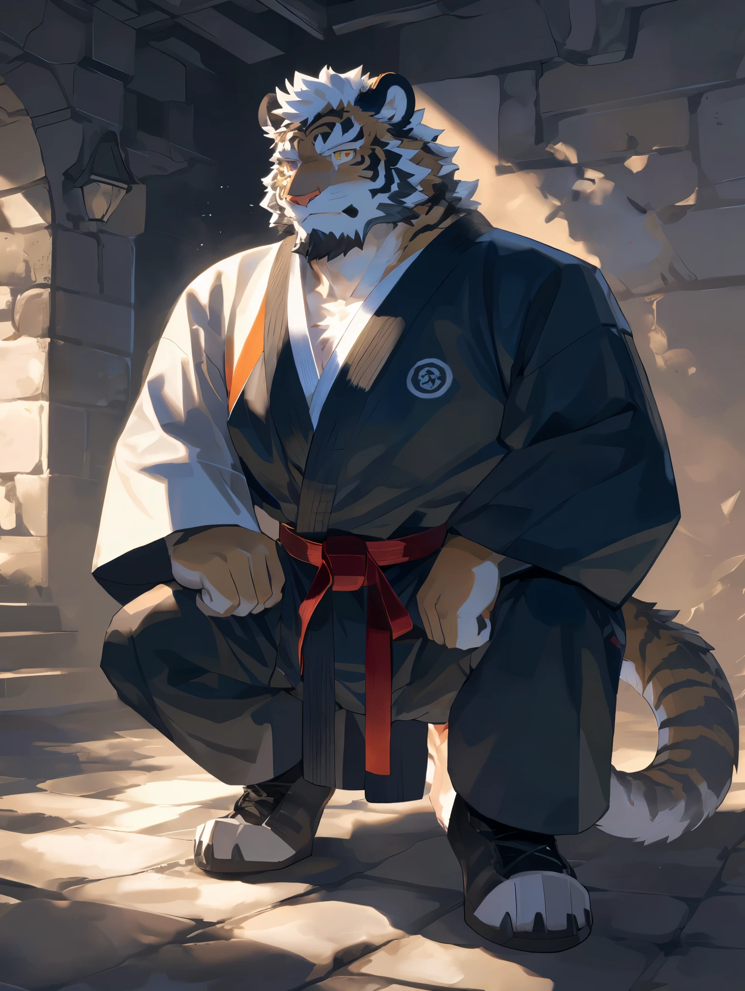 (White skintiger),(上Half Body赤膊:1.7),(Martial Arts衣服:1.4),(Holding a long sword),(Awesome posture),Half kneeling,(The background is a dark, damp and eerie dungeon.:1.5),(Abdominal muscles),Heroic飒爽,完美的masterpiece,Various facial details,Close-up view,specific description,masterpiece,(cg),(Golden Eyes),Black and white pattern,Black and white tail,Military commander,Heroic,tiger,Black and white fur，Concrete facial details,Half Body,(Chang Ling),((middle aged)),(Face Focus),(16k),(HD),black and white belly，temple，beard,(Face lines),(Heterochromia,),(Black and white hair),(Strong:1.2),(muscle:1.3),(high resolution:1.3),(Close up),(Detailed face:1.5)，Perfect details,(Half Body),(Detailed depiction of the face:1.5),(Zoom in on the face:1.5),(白色Face lines:1.2),(黑色beard:1.3),(White face:1.6),(White body),(White skin,black strips:1.3),(White cheeks:1.5),(The skin color of the face is white:1.3),cg,(The smell of quacks:1.3),(Martial Arts:1.5),(Knight:1.5),