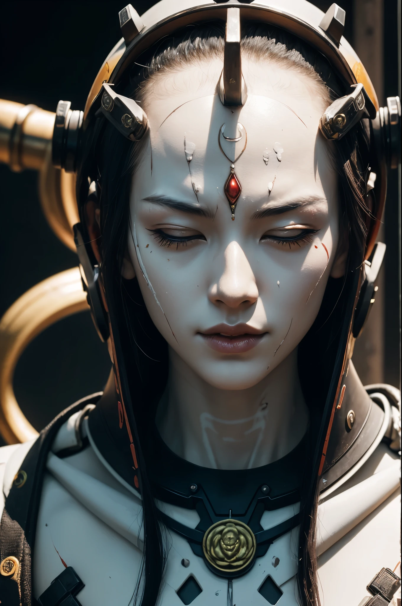 Close-up shot of Japanese 20 years young samurai with emaciated body covered in white paint, (In the lotus position)zen meditation cyberpunk, demonic body, meditating cyborg, highly detailed in 8K ❤️🔥 🔥 💀 🤖 🚀, Cyborg/Buddhist deity, 8k Highly detailed, full body depiction ❤🔥 🔥 💀 🤖 🚀