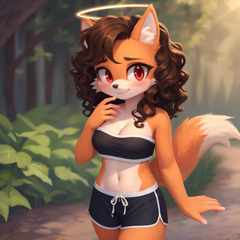 mobian, hedgehog, two-tone fur ((orange fur, brown fur)), pyjama elastic shorts, strapless crop top, cleavage, high-top sneakers, two-tone hair (brown hair, black tip)), curly hair, halo, sunglasses, jewelry, red eyes, longeyelashes, red eyes, smile, shy, blush, high detail, masterpiece, UHD, anatomically correct, super detail, highres, 4K