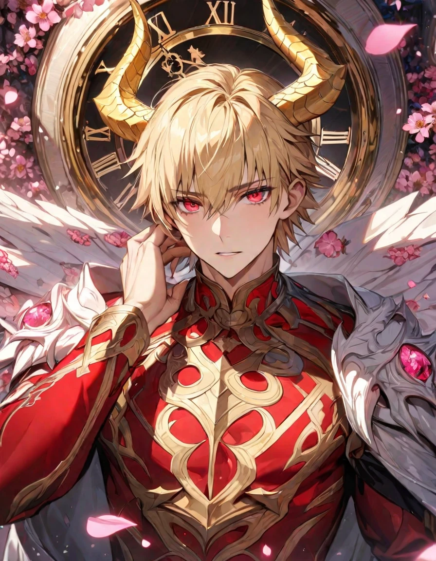 (absurdres, highres, ultra detailed, HDR), master piece, best quality, perfect face, delicate features, beautiful eyes, expressive red eyes, Gilgamesh, blond short hair, Fate Grand Order, solo, sexy man, very handsome, red clothes, patterns, pink flowers, pink petals, pink butterflies, in wonderland, blossoms, clock, white dragon horns, white dragon wings, golden scales