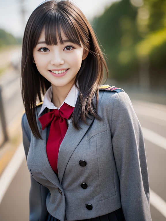 (The female has light grey eyes:1.5)、(Close-up portrait of a slender large-breasted woman、Wearing a black blazer uniform with a red trimmed collar and a black skirt、I have long gray hair with flowing bangs.。:1.5)、(A woman walking along a Japanese country road with a small smile:1.5)、(A woman in a uniform with a black blazer and red-rimmed collar:1.5)、(Blurred Background:1.5)、(Perfect Anatomy:1.5)、Photorealistic、Raw photo、Tabletop、highest quality、High resolution、Delicate and beautiful、Perfect Face、Beautiful fine details、Fair skin、Real human skin、((Thin legs))、((Big Breasts:1.4))、((Young face))、((Small woman:1.4))、A smile showing beautiful teeth、The whole body is shown