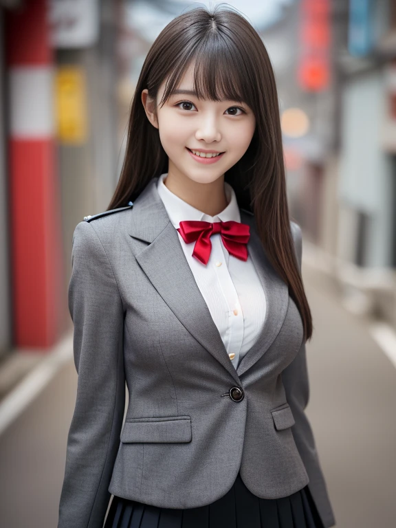 (The female has light grey eyes:1.5)、(Close-up portrait of a slender large-breasted woman、Wearing a black blazer uniform with a red trimmed collar and a black skirt、I have long gray hair with flowing bangs.。:1.5)、(A woman walking along a Japanese country road with a small smile:1.5)、(A woman in a uniform with a black blazer and red-rimmed collar:1.5)、(Blurred Background:1.5)、(Perfect Anatomy:1.5)、Photorealistic、Raw photo、Tabletop、highest quality、High resolution、Delicate and beautiful、Perfect Face、Beautiful fine details、Fair skin、Real human skin、((Thin legs))、((Big breasts:1.5))、((Young face))、((Small woman:1.4))、A smile showing beautiful teeth、The whole body is shown