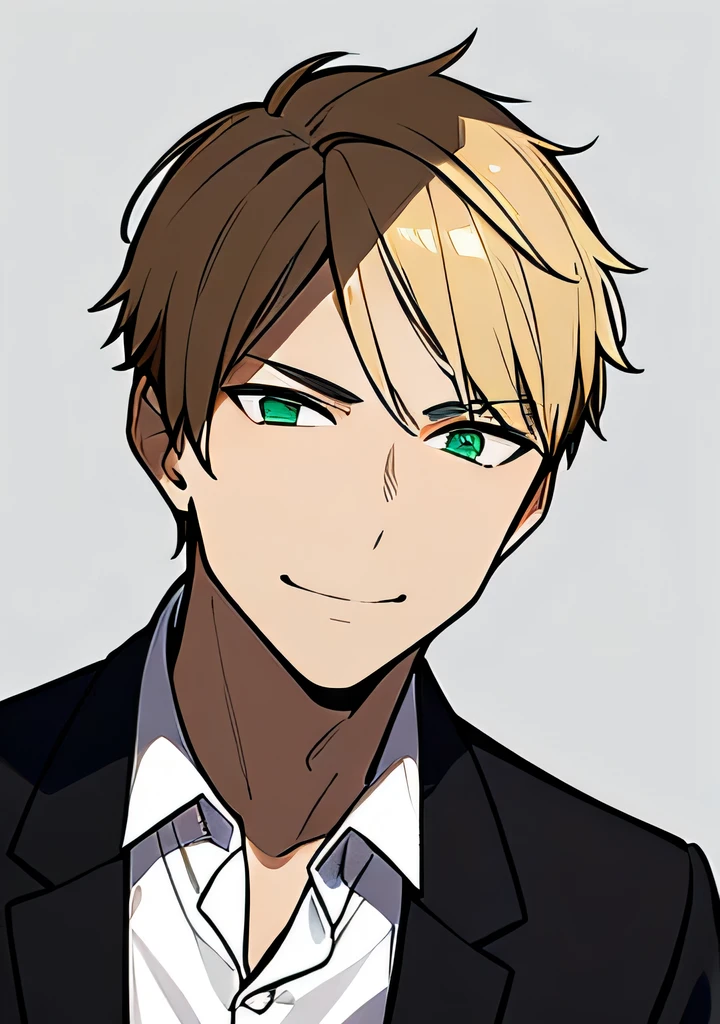 One young Adult male, brownish tanned skin, handsome, dirty blonde short hair, green eyes, confident yet kind expression, smug smile, wearing white collared shirt and black jacket, portrait style, facing forwards, plain grey background
