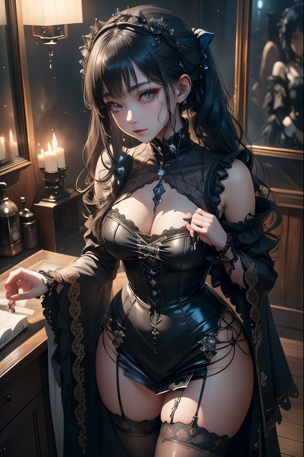 masterpiece, Best Quality, very aesthetic, absurdities, 1 girl, NSFW, chen the holidays\(arknights), arknights, looking at the viewer, Upper part of the body, folded ponytail, for the blue, rabbit ears, big breasts, sweetheart neckline bare shoulders, Hats, sueter, expressionless