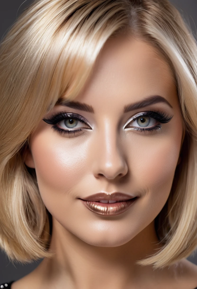hyperrealistic beautiful busty 30-year-old women in ultra shiny metallic jumpsuit, model shooting mugshot photography, dyed blonde classic bob, dark eye makeup with eyeliner, seductive smile, 8K, best quality, Meisterwerk, ultra high resolution, (Realismus: 1.4), Originalfoto, (realistische Hautstruktur: 1.3), (Filmkorn: 1.3), (Selfie-Winkel), 1 girl, Beautiful eyes and facial details, Meisterwerk, best quality