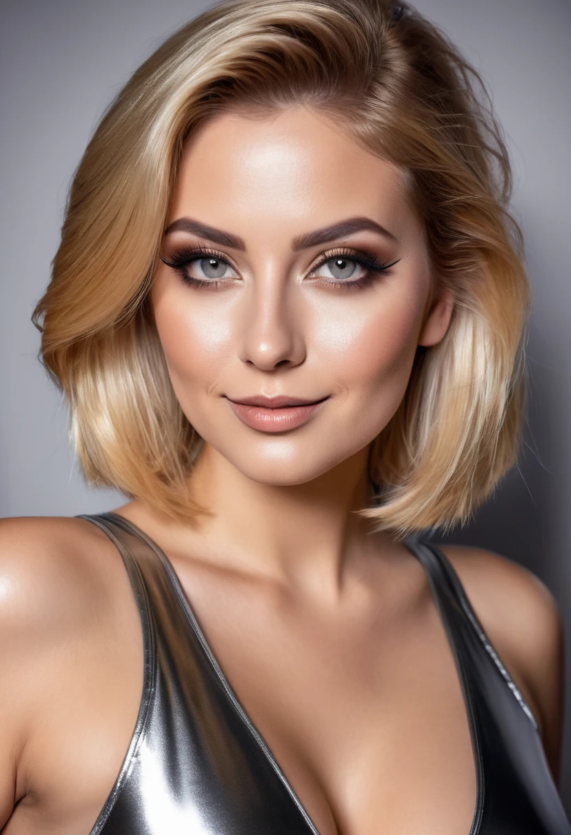 hyperrealistic beautiful busty 30-year-old women in ultra shiny metallic jumpsuit, model shooting mugshot photography, dyed blonde classic bob, dark eye makeup with eyeliner, seductive smile, 8K, best quality, Meisterwerk, ultra high resolution, (Realismus: 1.4), Originalfoto, (realistische Hautstruktur: 1.3), (Filmkorn: 1.3), (Selfie-Winkel), 1 girl, Beautiful eyes and facial details, Meisterwerk, best quality