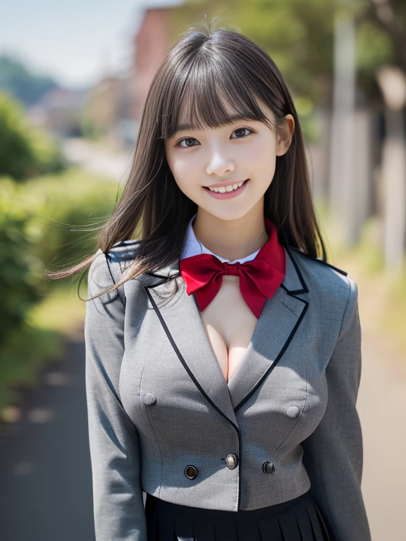 (The female has light grey eyes:1.5)、(Close-up portrait of a slender large-breasted woman、Wearing a black blazer uniform with a red trimmed collar and a black skirt、I have long gray hair with flowing bangs.。:1.5)、(A woman walking along a Japanese country road with a small smile:1.5)、(A woman in a uniform with a black blazer and red-rimmed collar:1.5)、(Blurred Background:1.5)、(Perfect Anatomy:1.5)、Photorealistic、Raw photo、Tabletop、highest quality、High resolution、Delicate and beautiful、Perfect Face、Beautiful fine details、Fair skin、Real human skin、((Thin legs))、(((Huge breasts:1.ung face 1.5))、((Small woman:1.4))、A smile showing beautiful teeth、(The whole body is shown:1.4)