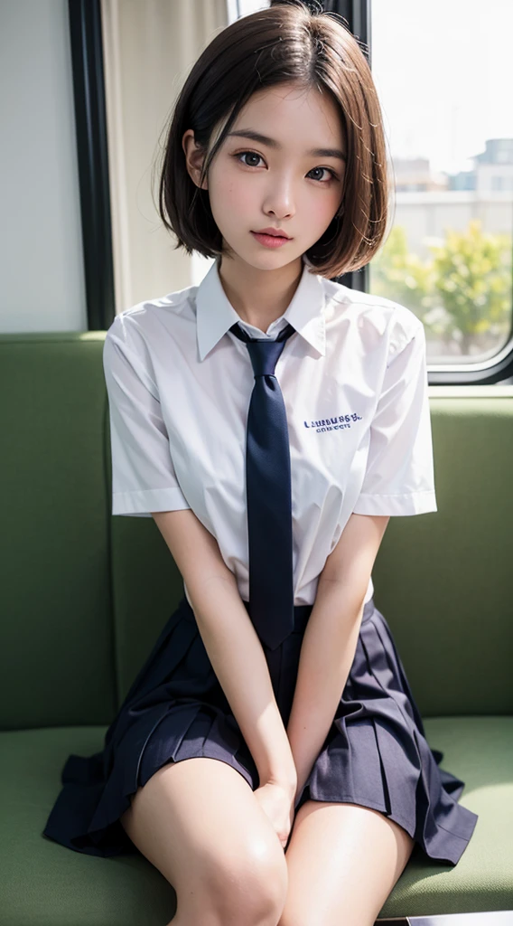 (masterpiece, best quality:1.2), 8k, , 85mm, official art, raw photo, absurdres, white dress shirt, pretty face, close up, upper body, violaceaess, gardeniass, beautiful girl, school uniform, (navy pleated skirt:1.1), cinch waist, thighs, short sleeve, in train, sitting on bench seat, looking at viewer, no makeup, (smile:0.4), film grain, chromatic aberration, sharp focus, facelight, clear lighting, teentailed face, bokeh background, (dark red necktie:1.1)
