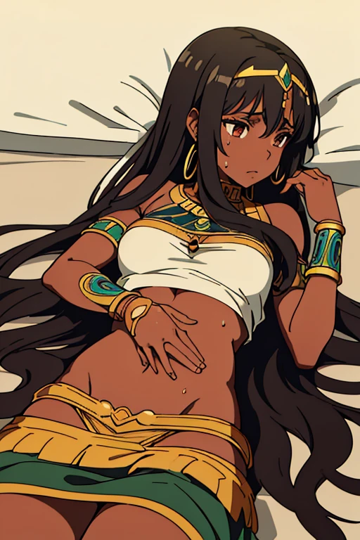 (best quality, masterpiece), brown skinned anime Cleopatra wearing a bandeau top and a long detailed skirt, famished in hunger, (gently resting hands on stomach), (sweating), (lying down), (long black hair), (hands on stomach)
