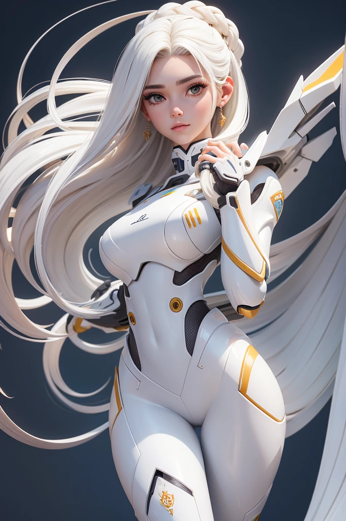 Mejor calidad, Obra maestra,pelo blanco, ojos dorados,ropa blanca, buscando, cuerpo completo,mecha de cabello,piel blanca,trenzas laterales