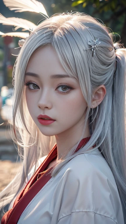 ((masterpiece)), ((highest quality:1.1)), 8k, ((super high resolution:1.2)), ((photorealistic:1.3)), RAW Photos, ((Japanese girl:1.1)), silvery white hair, red extensions, hair blowing in the wind, ((glowing skin:1.2)), Oiran Makeup, black kimono, white and red pattern.
This Japanese girl masterpiece showcases the highest quality in its 8k resolution. With a lifelike, photorealistic representation, every detail shines through in its RAW form. The girl is depicted as having long, silvery white hair that flows in the
