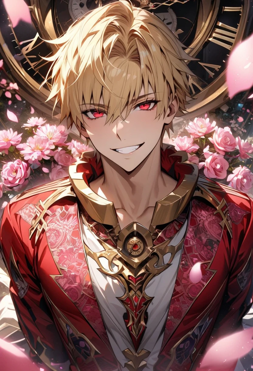 (absurdres, highres, ultra detailed, HDR), master piece, best quality, perfect face, delicate features, beautiful eyes, expressive red eyes, Gilgamesh, blond short hair, Fate Grand Order, solo, sexy man, very handsome, grin, red clothes, patterns, pink flowers, pink petals, pink butterflies, in wonderland, blossoms, clock