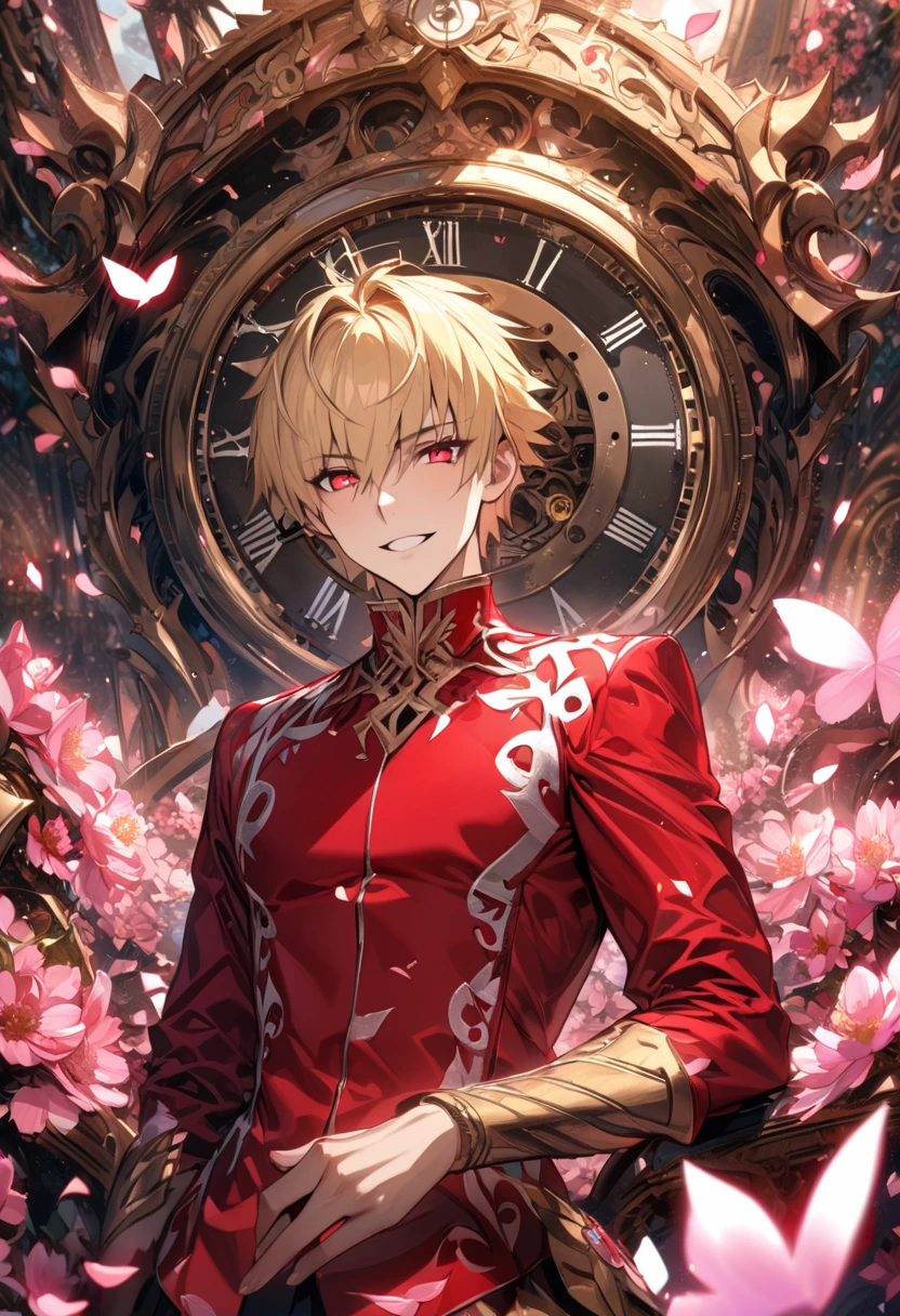 (absurdres, highres, ultra detailed, HDR), master piece, best quality, perfect face, delicate features, beautiful eyes, expressive red eyes, Gilgamesh, blond short hair, Fate Grand Order, solo, sexy man, very handsome, grin, red clothes, patterns, pink flowers, pink petals, pink butterflies, in wonderland, blossoms, clock