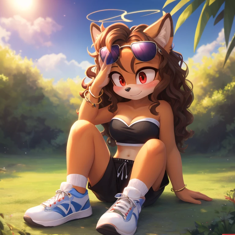 mobian, hedgehog, two-tone fur ((orange fur, brown fur)), pyjama elastic shorts, strapless crop top, cleavage, high-top sneakers, two-tone hair (brown hair, black tip)), curly hair, halo, sunglasses, jewelry, red eyes, longeyelashes, red eyes, smile, shy, blush, high detail, masterpiece, UHD, anatomically correct, super detail, highres, 4K