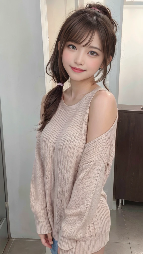 brown hair, hair over shoulder, ponytail, grin, blush, Surrealism, Hyperrealism, Verism, wide shot, UHD, masterpiece, ccurate, anatomically correct, textured skin, super detail, high details, high quality, highres, 1080P, HD, 8k