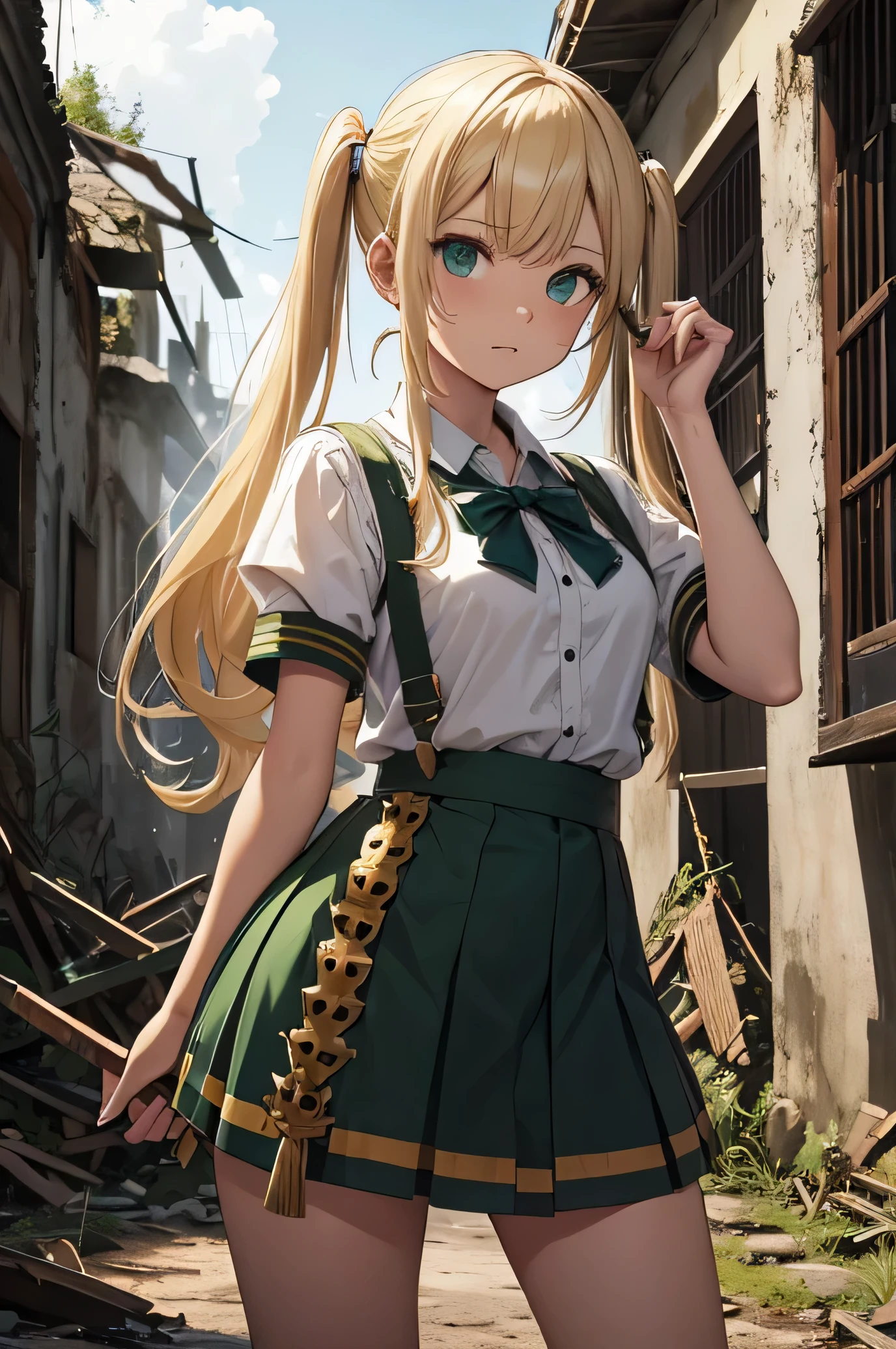 crie uma garota, blond hair, pigtails duplos, roupa colegial, saia verde oliva, "war hammer" in hand, deep in a ruin