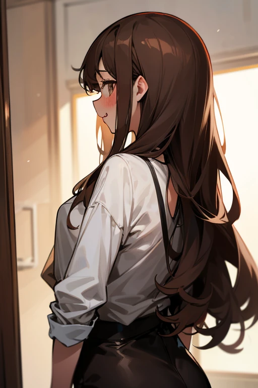 a girl in hot clothes with long brown hair she blushing hard and her tongue is out she in a hot pose (from back)