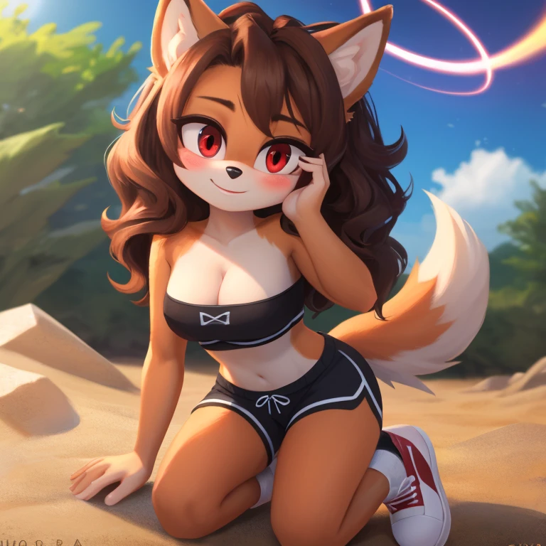 mobian, hedgehog, two-tone fur ((orange fur, brown fur)), pyjama elastic shorts, strapless crop top, cleavage, high-top sneakers, two-tone hair (brown hair, black tip)), curly hair, halo, sunglasses, jewelry, red eyes, longeyelashes, red eyes, smile, shy, blush, high detail, masterpiece, UHD, anatomically correct, super detail, highres, 4K