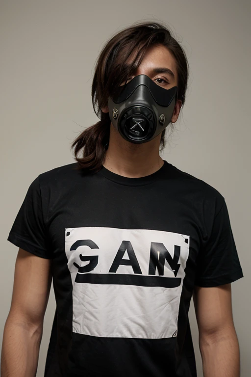 create a logo like a person wearing a gas mask on the shirt with Alan written on it