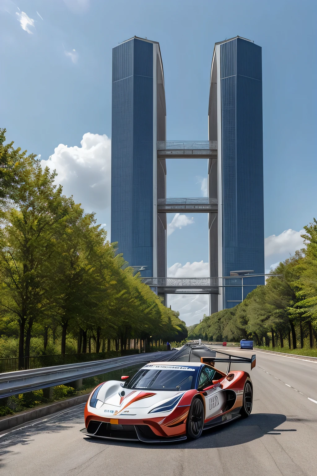 Super bright and modern metallic-vermillion racing car is running on the expressway,
City of high transportation technology complex, high building, and towers,
Good green environmental atmosphere, 
Morning sunlight with blue sky and white cloud.