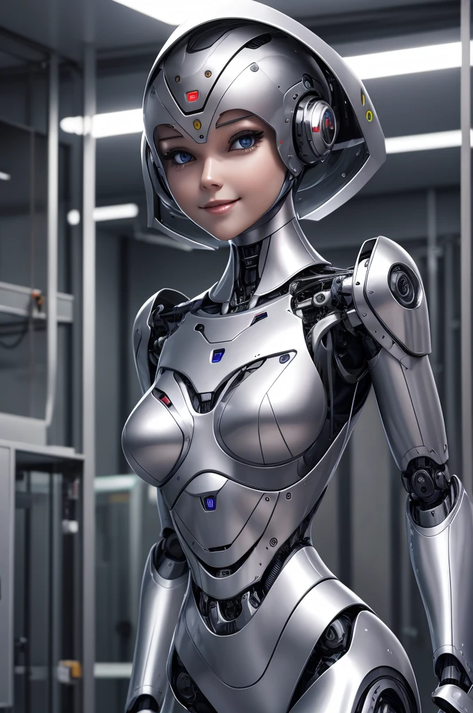 Female robot　The face remains a human woman　Torso is metallic　Standing smiling　A laboratory-like room　Full body like