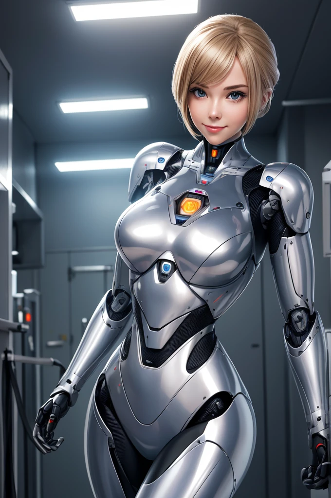 Female robot The face remains a human woman Torso is metallic Standing smiling A laboratory-like room Full body like