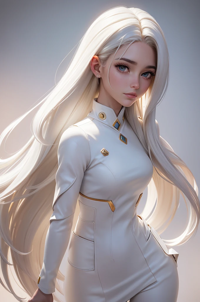 Mejor calidad, Obra maestra,pelo blanco, ojos dorados,ropa blanca, buscando, cuerpo completo,mecha de cabello,piel blanca,trenzas laterales