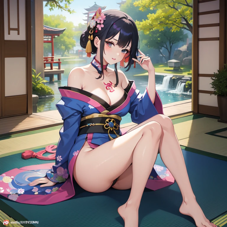 une femme de ans, en kimono, sexy,, cheveux multicolores, bare shoulders, dans un temple japonais, jardin zen, tradition, tattoo