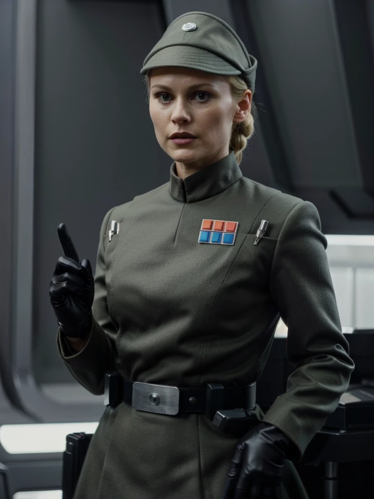 Anna Paquin in (olive gray imperialofficer uniform), hat, gloves, blonde hair in ponytail,  star destroyer bridge, triangular window to space starfield